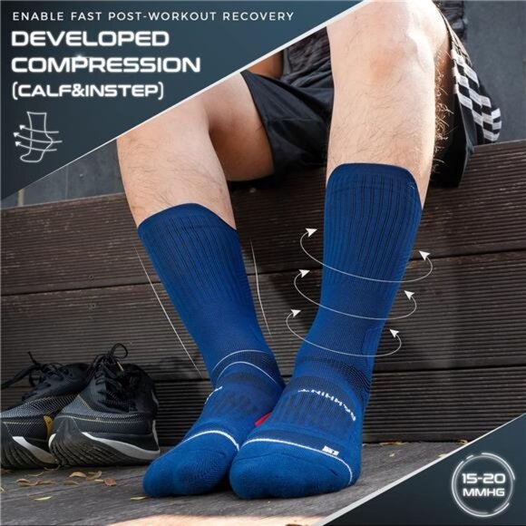 Compression Running Socks 3 Pairs, Cushion Crew Socks, Anti-Blister Moisture - Picture 4 of 14